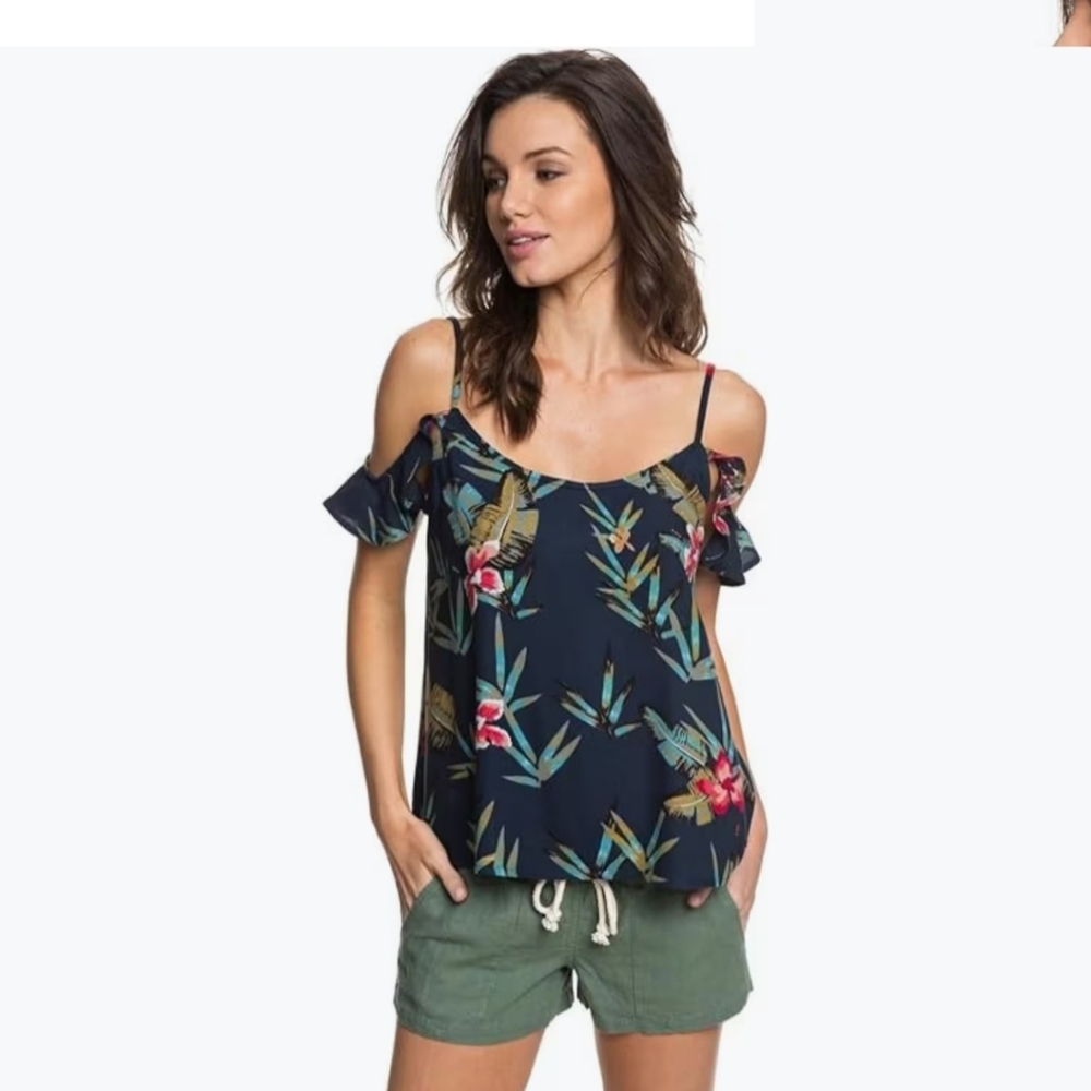🌴 ROXY blue floral Cold Shoulder Top size medium 🌴